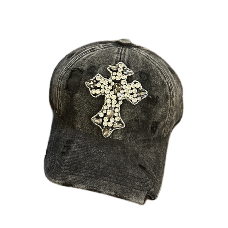Rhinestone Cross Distressed Washed Denim Baseball Cap Multi‑Color