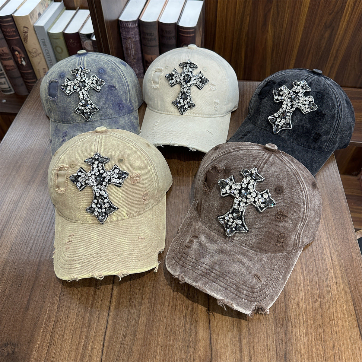 Rhinestone Cross Distressed Washed Denim Baseball Cap Multi‑Color