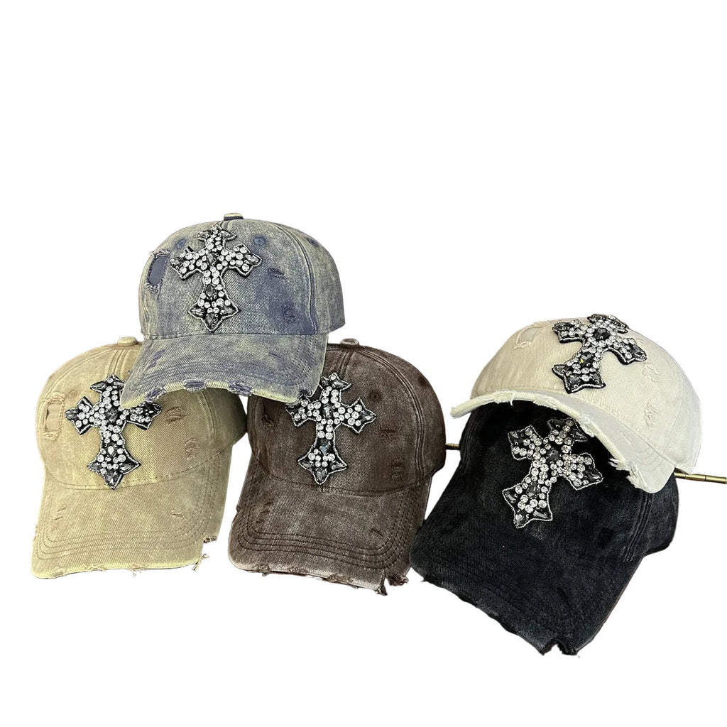 Rhinestone Cross Distressed Washed Denim Baseball Cap Multi‑Color