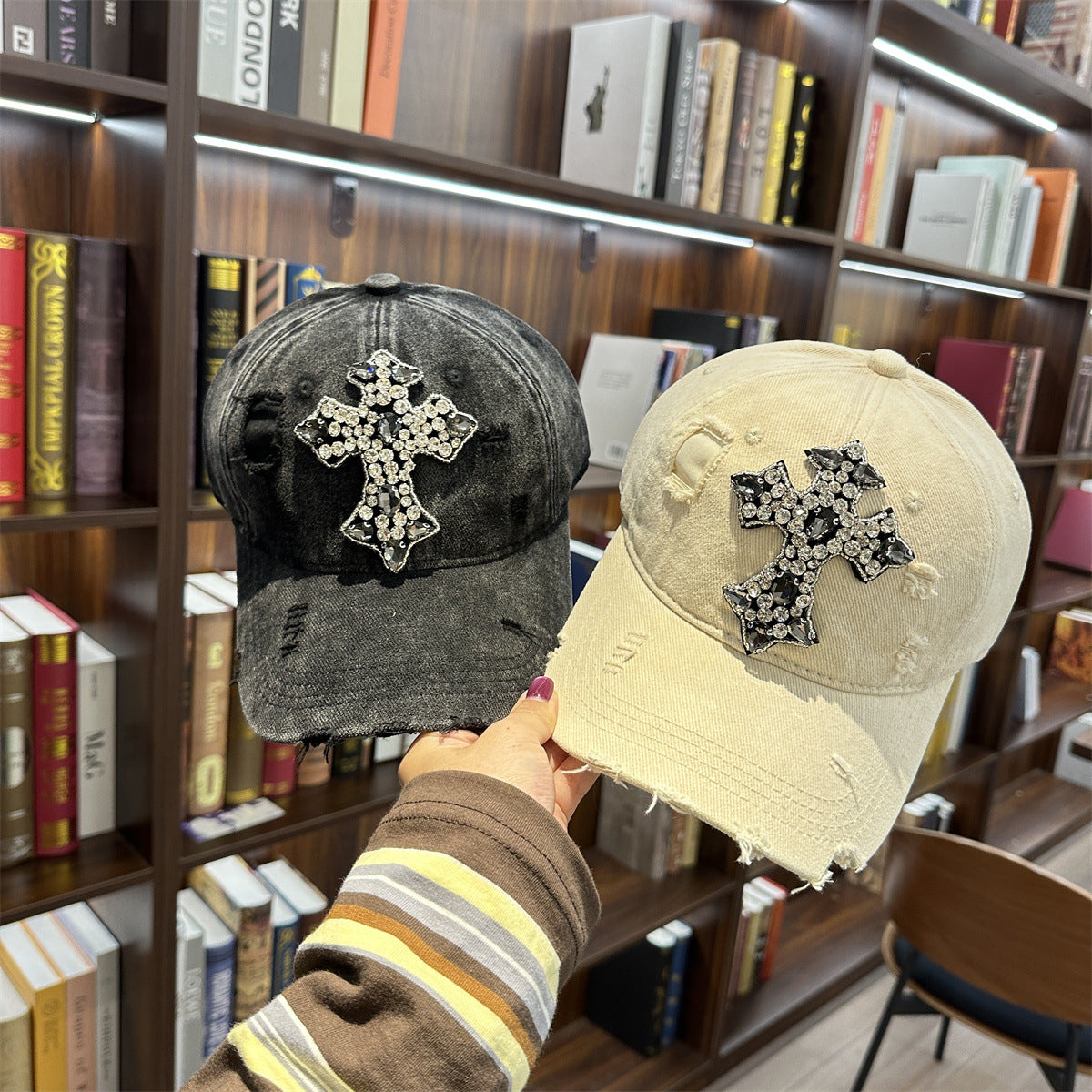 Rhinestone Cross Distressed Washed Denim Baseball Cap Multi‑Color
