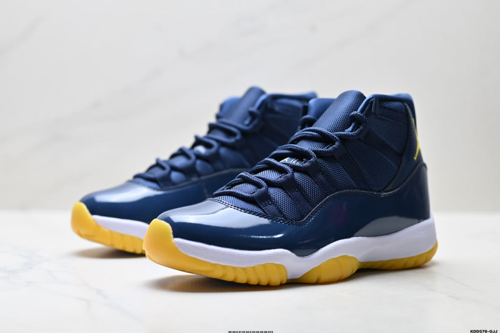 Air Jordan 11 Retro Midnight Navy and Yellow Unisex Sneakers Style 06