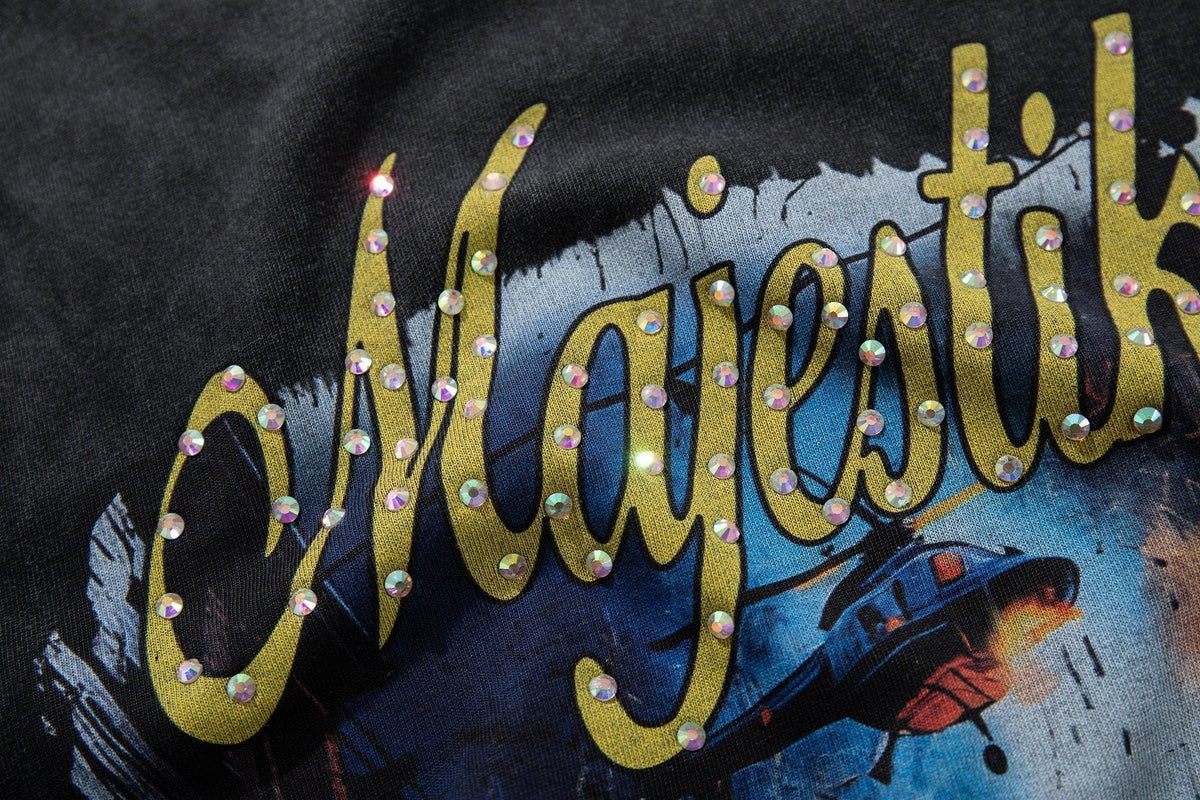 MAJESTIK Washed Black Rhinestone Graphic Short-Sleeve T-Shirt