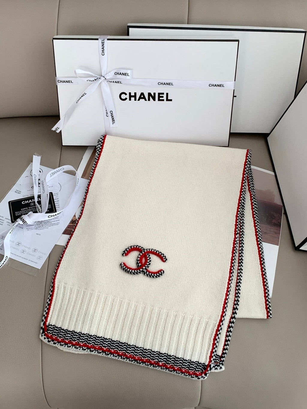 Chanel Style Contrast-Trim Scarf and Beanie Set