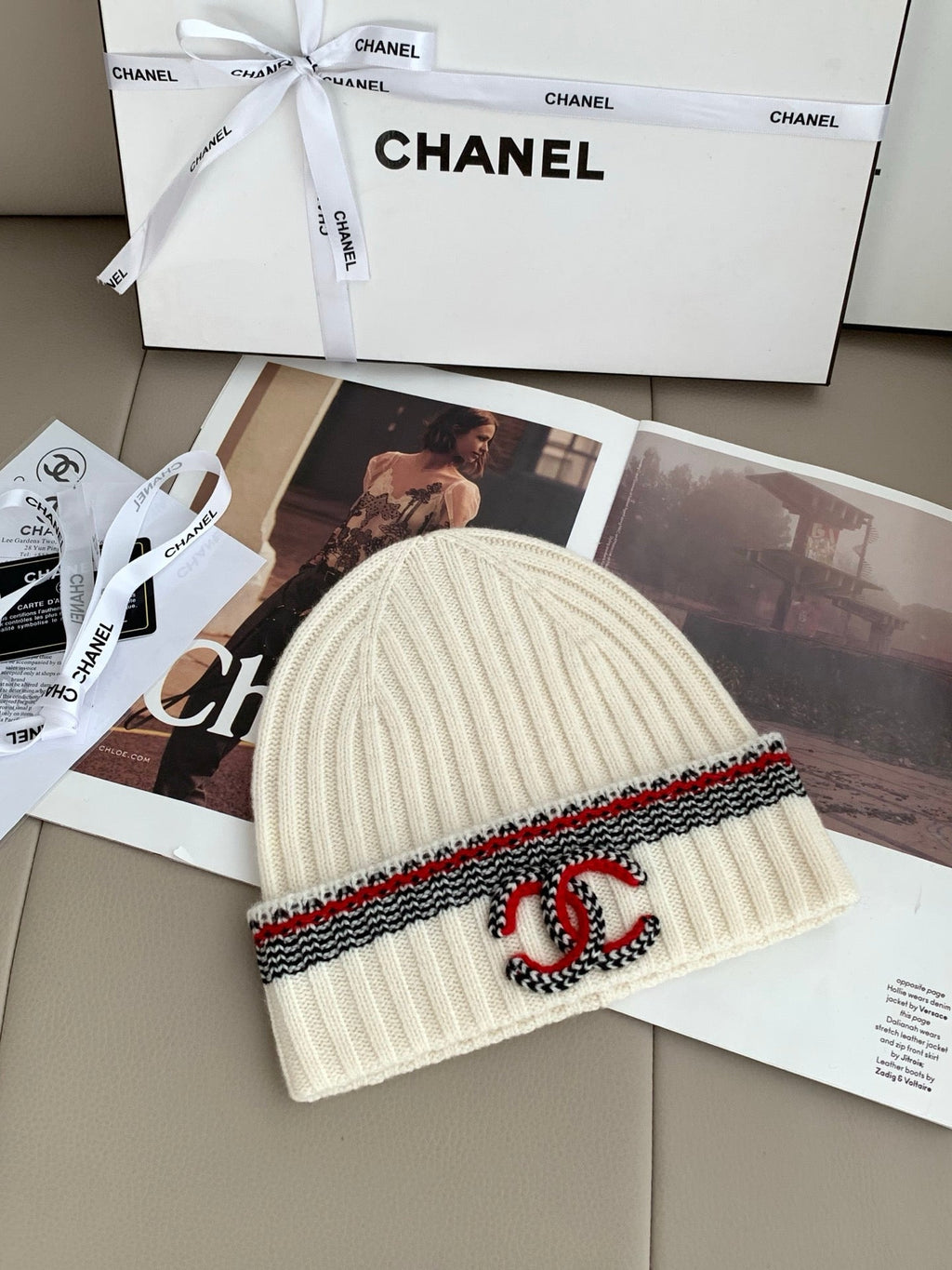 Chanel Style Contrast-Trim Scarf and Beanie Set