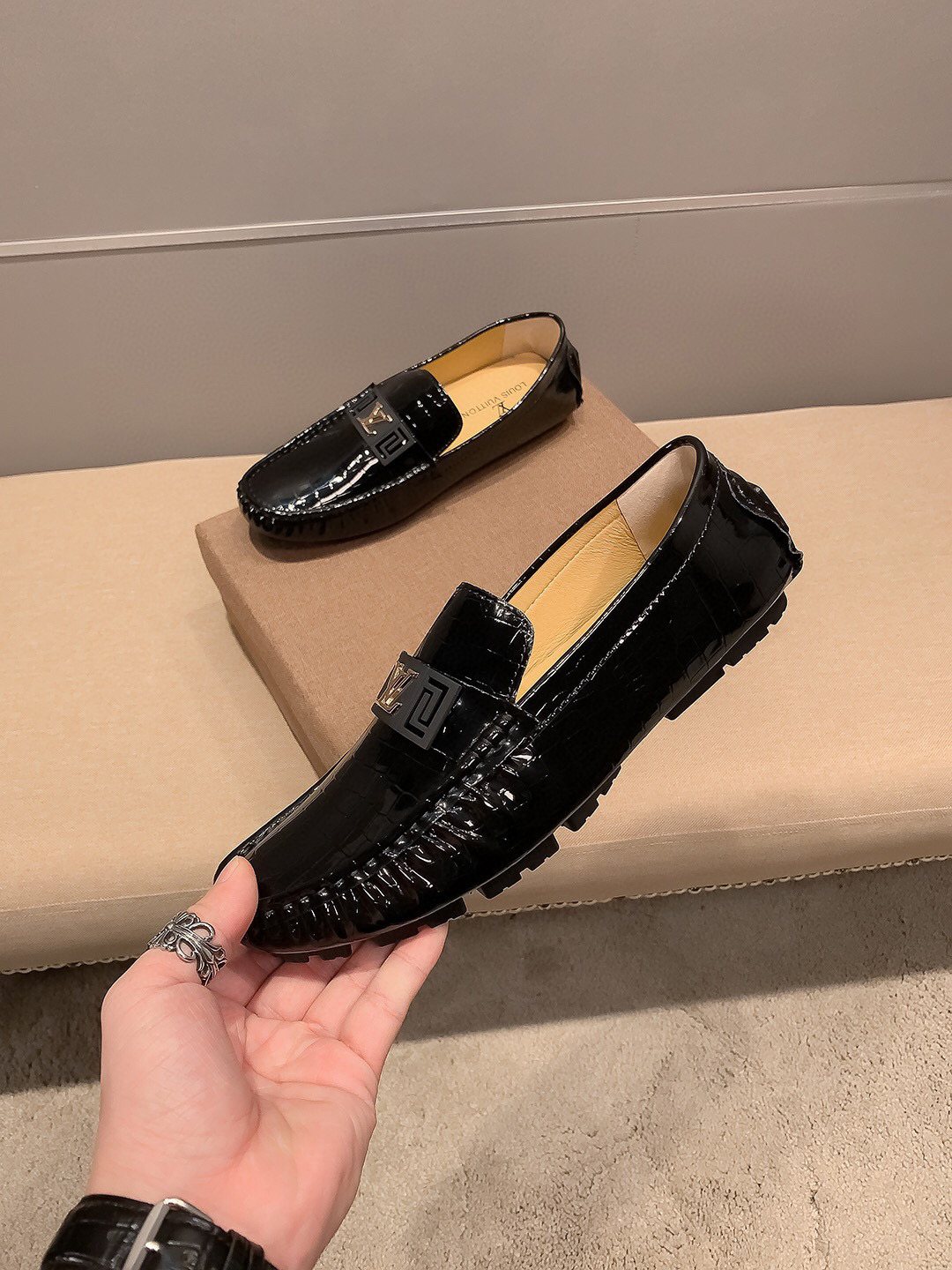 Louis Vuitton Men's Black Embossed Loafers - Low-Profile Sole