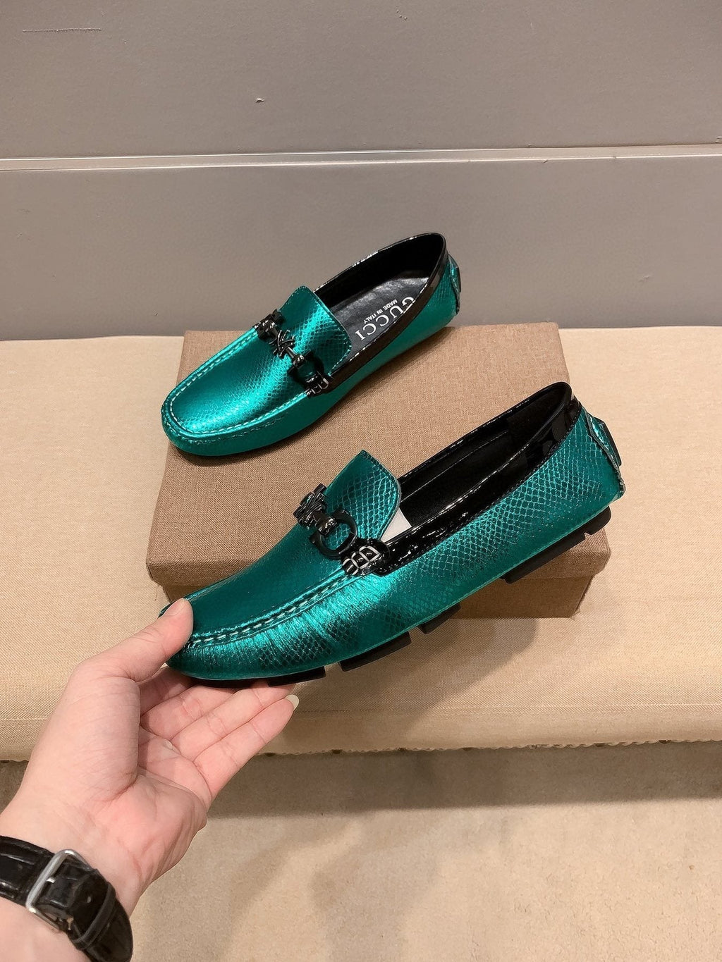 Gucci Men's Metallic Teal Horsebit Loafers