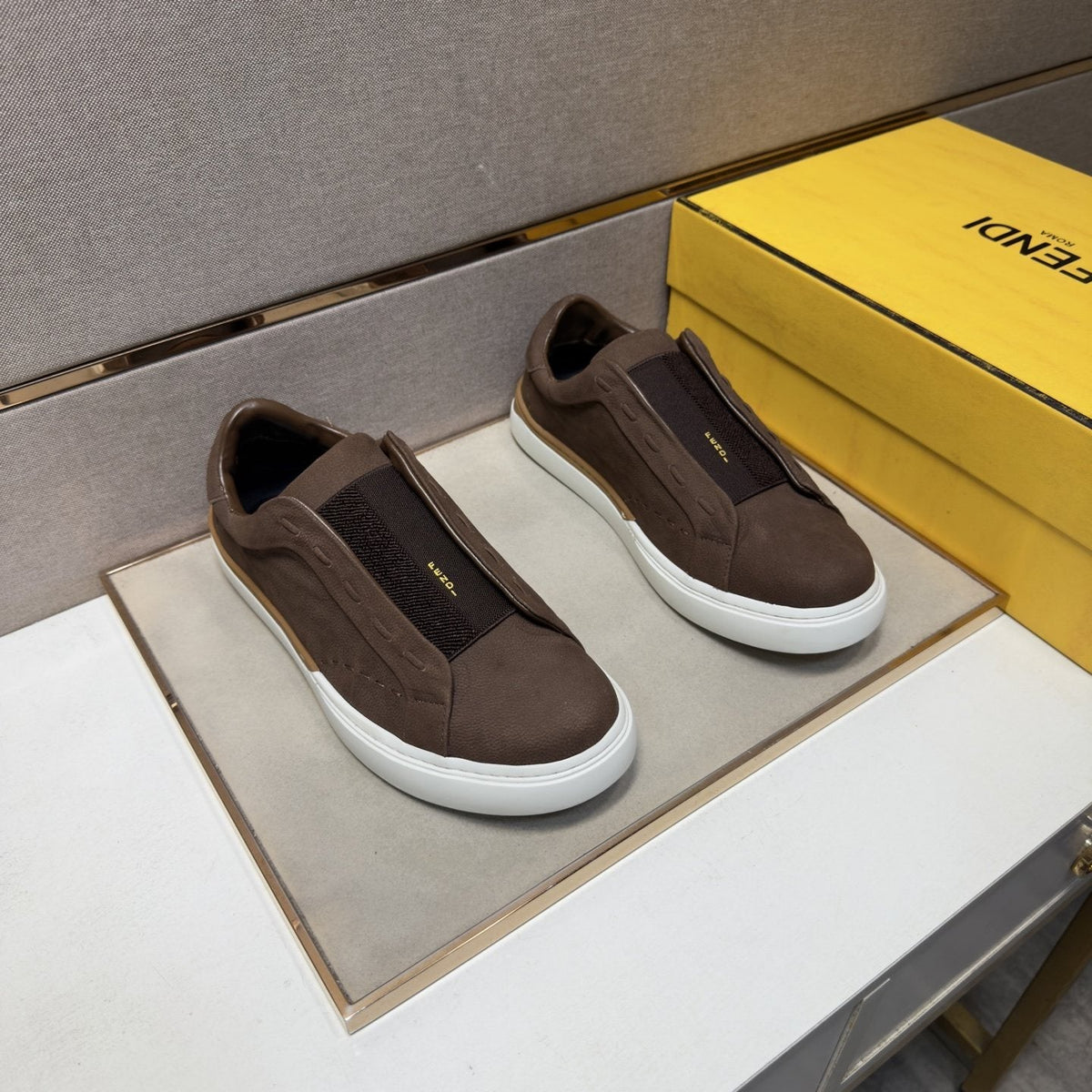 Fendi Brown-Gold Accent Slip-On Sneakers