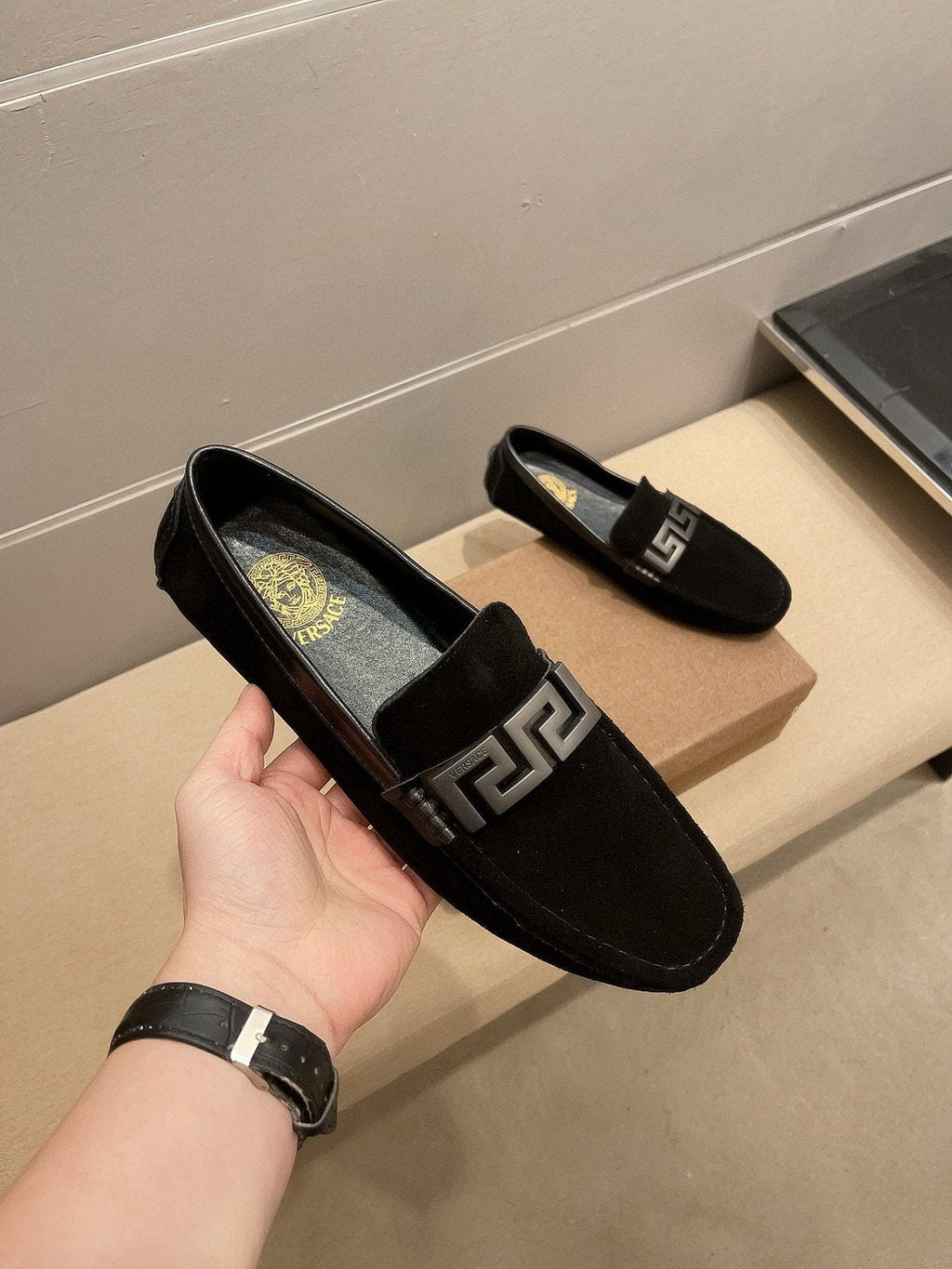 Versace Men's Geometric Buckle Loafers